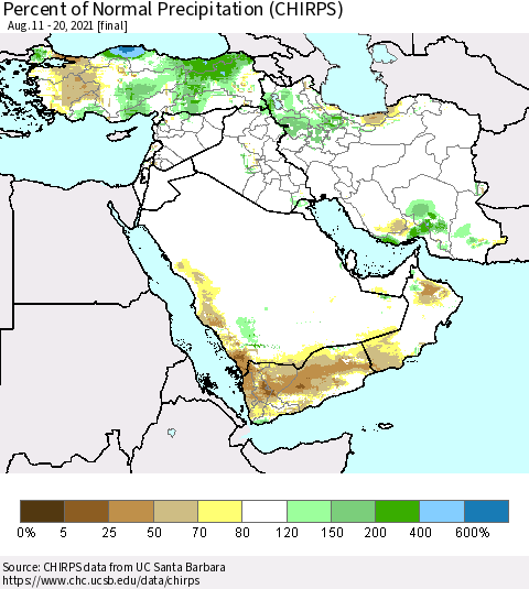 Middle East and Turkey Percent of Normal Precipitation (CHIRPS) Thematic Map For 8/11/2021 - 8/20/2021