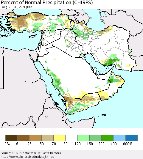 Middle East and Turkey Percent of Normal Precipitation (CHIRPS) Thematic Map For 8/21/2021 - 8/31/2021