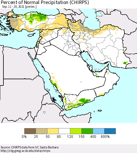 Middle East and Turkey Percent of Normal Precipitation (CHIRPS) Thematic Map For 9/11/2021 - 9/20/2021
