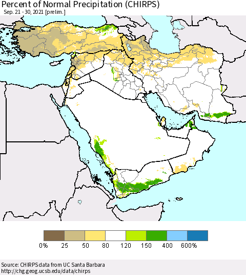 Middle East and Turkey Percent of Normal Precipitation (CHIRPS) Thematic Map For 9/21/2021 - 9/30/2021
