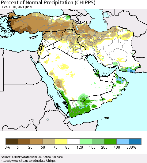Middle East and Turkey Percent of Normal Precipitation (CHIRPS) Thematic Map For 10/1/2021 - 10/10/2021