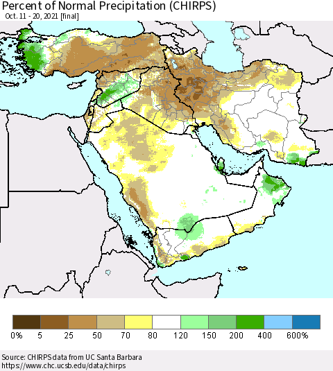 Middle East and Turkey Percent of Normal Precipitation (CHIRPS) Thematic Map For 10/11/2021 - 10/20/2021