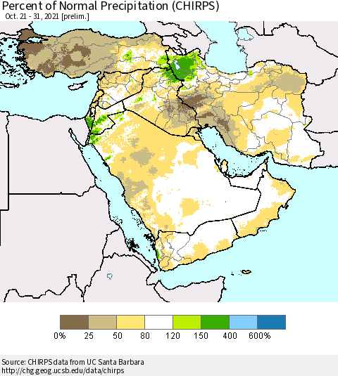 Middle East and Turkey Percent of Normal Precipitation (CHIRPS) Thematic Map For 10/21/2021 - 10/31/2021