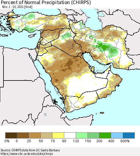 Middle East and Turkey Percent of Normal Precipitation (CHIRPS) Thematic Map For 11/1/2021 - 11/10/2021