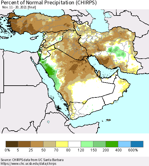 Middle East and Turkey Percent of Normal Precipitation (CHIRPS) Thematic Map For 11/11/2021 - 11/20/2021