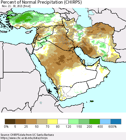 Middle East and Turkey Percent of Normal Precipitation (CHIRPS) Thematic Map For 11/21/2021 - 11/30/2021