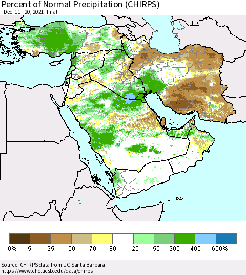 Middle East and Turkey Percent of Normal Precipitation (CHIRPS) Thematic Map For 12/11/2021 - 12/20/2021