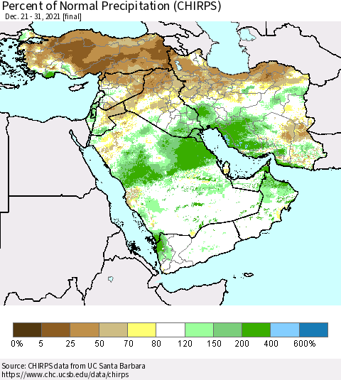 Middle East and Turkey Percent of Normal Precipitation (CHIRPS) Thematic Map For 12/21/2021 - 12/31/2021