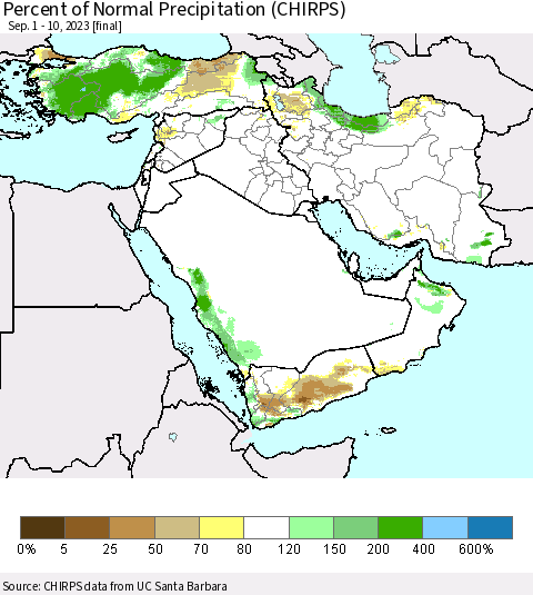 Middle East and Turkey Percent of Normal Precipitation (CHIRPS) Thematic Map For 9/1/2023 - 9/10/2023