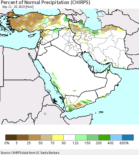Middle East and Turkey Percent of Normal Precipitation (CHIRPS) Thematic Map For 9/11/2023 - 9/20/2023