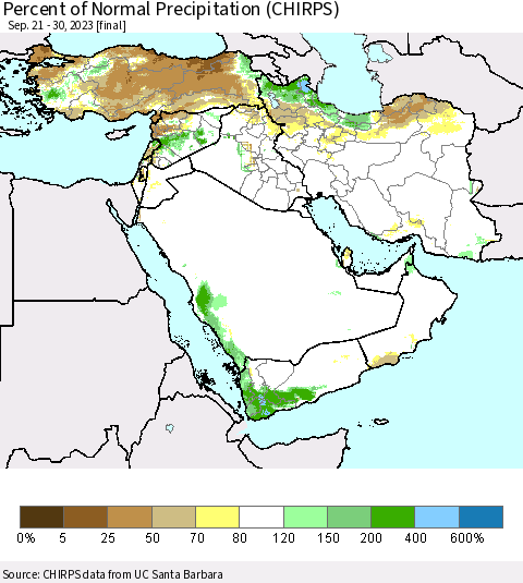 Middle East and Turkey Percent of Normal Precipitation (CHIRPS) Thematic Map For 9/21/2023 - 9/30/2023