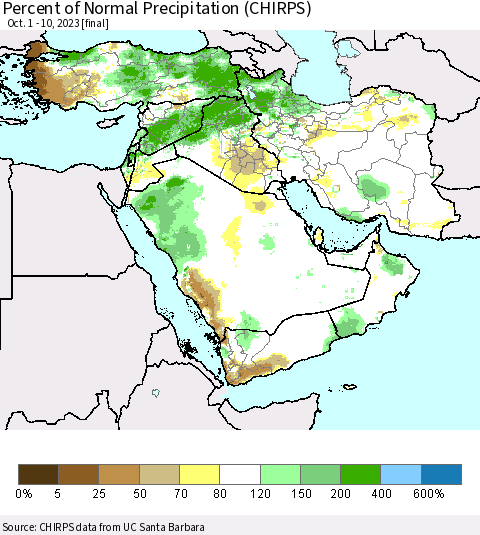 Middle East and Turkey Percent of Normal Precipitation (CHIRPS) Thematic Map For 10/1/2023 - 10/10/2023
