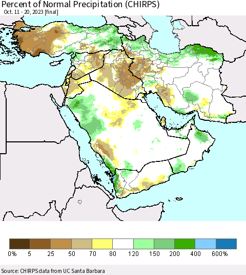 Middle East and Turkey Percent of Normal Precipitation (CHIRPS) Thematic Map For 10/11/2023 - 10/20/2023