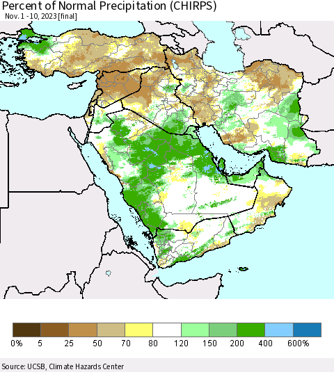 Middle East and Turkey Percent of Normal Precipitation (CHIRPS) Thematic Map For 11/1/2023 - 11/10/2023