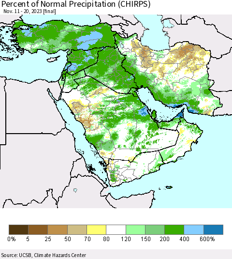 Middle East and Turkey Percent of Normal Precipitation (CHIRPS) Thematic Map For 11/11/2023 - 11/20/2023