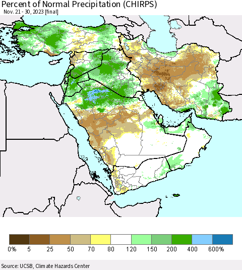 Middle East and Turkey Percent of Normal Precipitation (CHIRPS) Thematic Map For 11/21/2023 - 11/30/2023