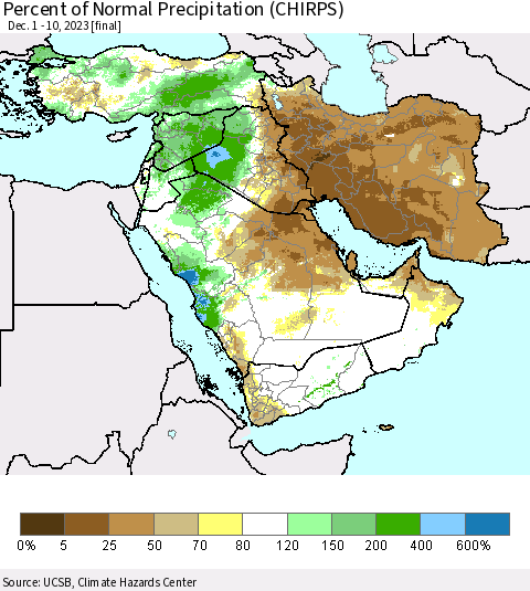 Middle East and Turkey Percent of Normal Precipitation (CHIRPS) Thematic Map For 12/1/2023 - 12/10/2023