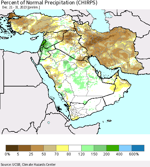 Middle East and Turkey Percent of Normal Precipitation (CHIRPS) Thematic Map For 12/21/2023 - 12/31/2023