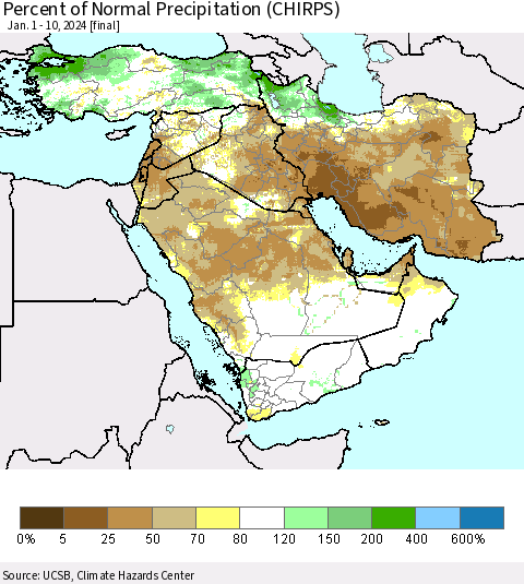 Middle East and Turkey Percent of Normal Precipitation (CHIRPS) Thematic Map For 1/1/2024 - 1/10/2024