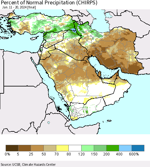 Middle East and Turkey Percent of Normal Precipitation (CHIRPS) Thematic Map For 1/11/2024 - 1/20/2024