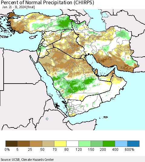 Middle East and Turkey Percent of Normal Precipitation (CHIRPS) Thematic Map For 1/21/2024 - 1/31/2024