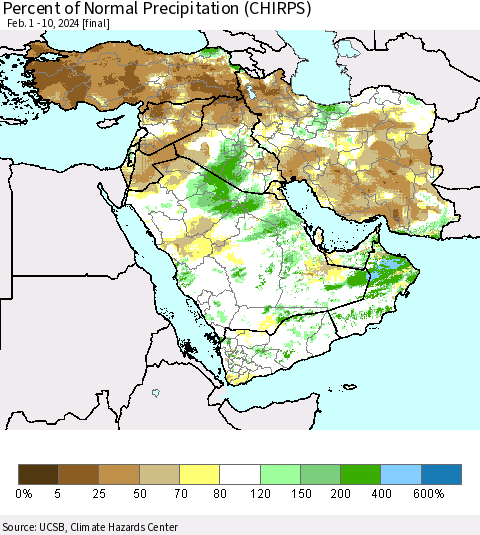 Middle East and Turkey Percent of Normal Precipitation (CHIRPS) Thematic Map For 2/1/2024 - 2/10/2024