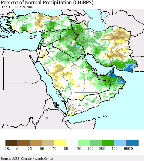 Middle East and Turkey Percent of Normal Precipitation (CHIRPS) Thematic Map For 2/11/2024 - 2/20/2024