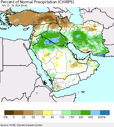 Middle East and Turkey Percent of Normal Precipitation (CHIRPS) Thematic Map For 2/21/2024 - 2/29/2024