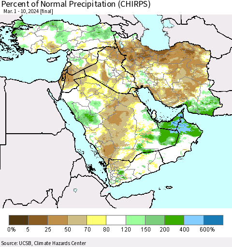 Middle East and Turkey Percent of Normal Precipitation (CHIRPS) Thematic Map For 3/1/2024 - 3/10/2024