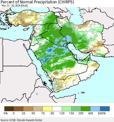 Middle East and Turkey Percent of Normal Precipitation (CHIRPS) Thematic Map For 3/11/2024 - 3/20/2024