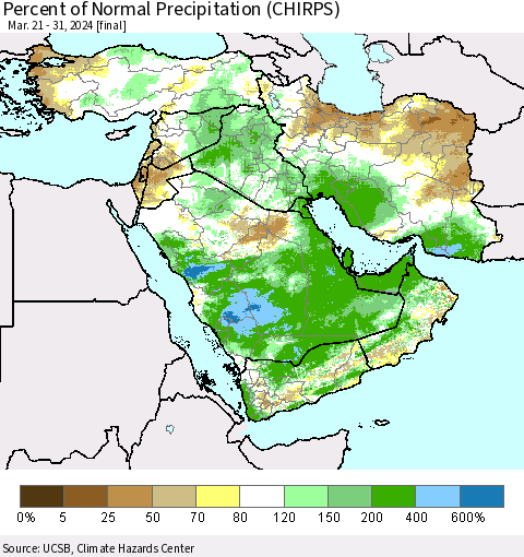 Middle East and Turkey Percent of Normal Precipitation (CHIRPS) Thematic Map For 3/21/2024 - 3/31/2024