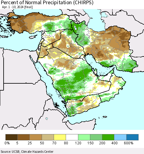 Middle East and Turkey Percent of Normal Precipitation (CHIRPS) Thematic Map For 4/1/2024 - 4/10/2024