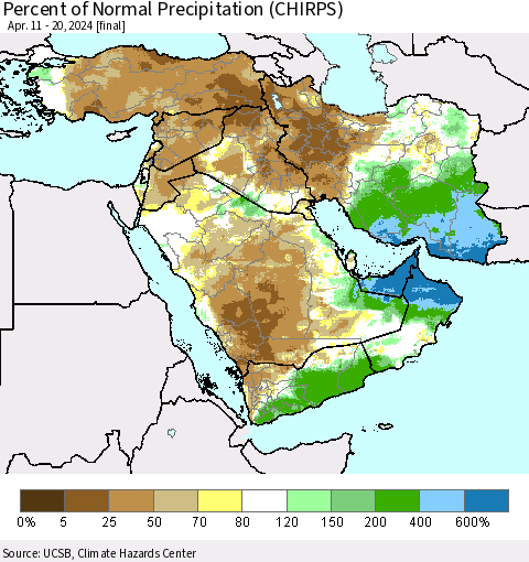 Middle East and Turkey Percent of Normal Precipitation (CHIRPS) Thematic Map For 4/11/2024 - 4/20/2024