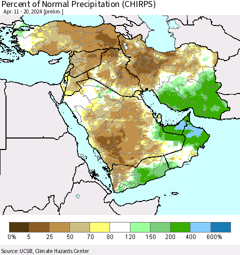 Middle East and Turkey Percent of Normal Precipitation (CHIRPS) Thematic Map For 4/11/2024 - 4/20/2024