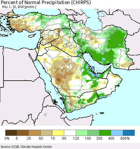 Middle East and Turkey Percent of Normal Precipitation (CHIRPS) Thematic Map For 5/1/2024 - 5/10/2024