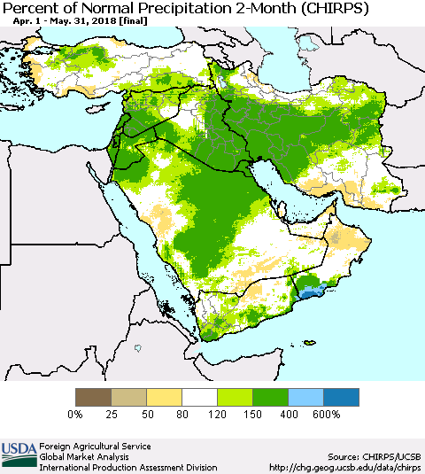 Middle East and Turkey Percent of Normal Precipitation 2-Month (CHIRPS) Thematic Map For 4/1/2018 - 5/31/2018