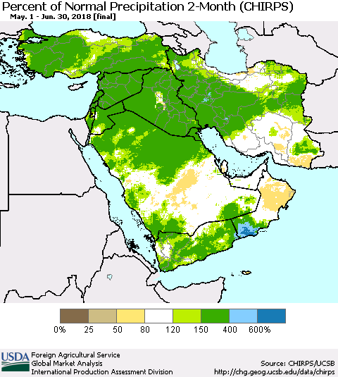 Middle East and Turkey Percent of Normal Precipitation 2-Month (CHIRPS) Thematic Map For 5/1/2018 - 6/30/2018