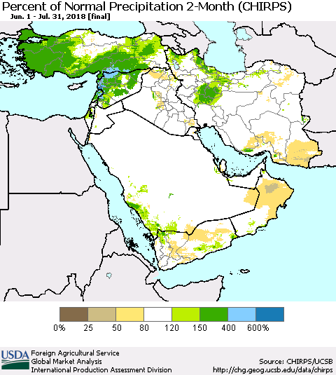 Middle East and Turkey Percent of Normal Precipitation 2-Month (CHIRPS) Thematic Map For 6/1/2018 - 7/31/2018