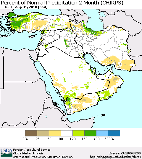 Middle East and Turkey Percent of Normal Precipitation 2-Month (CHIRPS) Thematic Map For 7/1/2018 - 8/31/2018