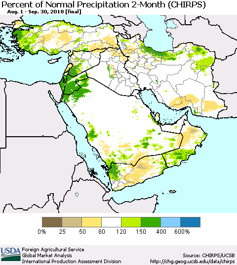 Middle East and Turkey Percent of Normal Precipitation 2-Month (CHIRPS) Thematic Map For 8/1/2018 - 9/30/2018