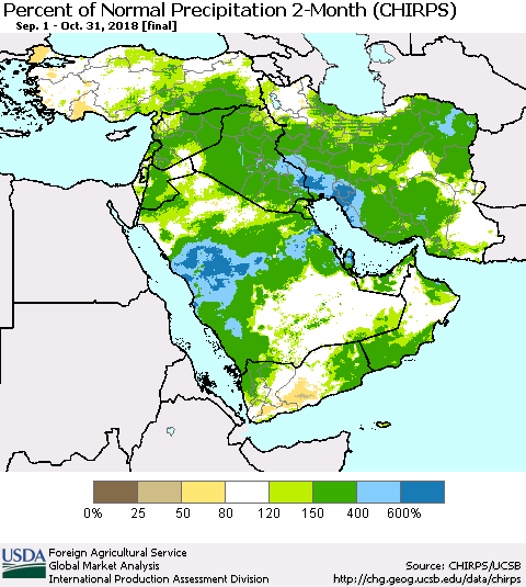 Middle East and Turkey Percent of Normal Precipitation 2-Month (CHIRPS) Thematic Map For 9/1/2018 - 10/31/2018