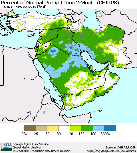 Middle East and Turkey Percent of Normal Precipitation 2-Month (CHIRPS) Thematic Map For 10/1/2018 - 11/30/2018
