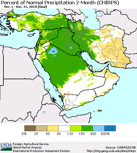 Middle East and Turkey Percent of Normal Precipitation 2-Month (CHIRPS) Thematic Map For 11/1/2018 - 12/31/2018
