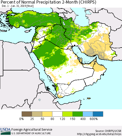 Middle East and Turkey Percent of Normal Precipitation 2-Month (CHIRPS) Thematic Map For 12/1/2018 - 1/31/2019
