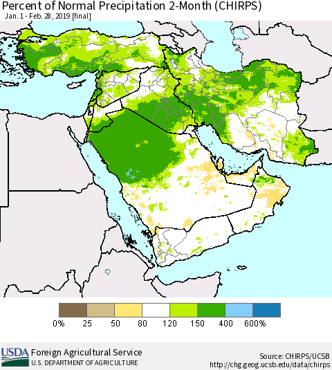 Middle East and Turkey Percent of Normal Precipitation 2-Month (CHIRPS) Thematic Map For 1/1/2019 - 2/28/2019