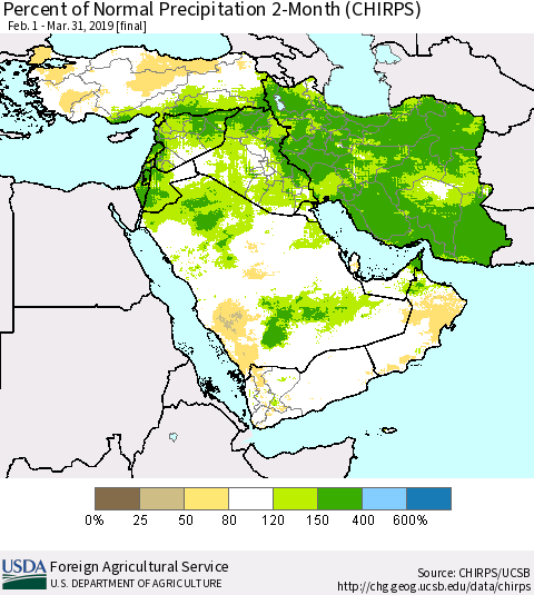 Middle East and Turkey Percent of Normal Precipitation 2-Month (CHIRPS) Thematic Map For 2/1/2019 - 3/31/2019