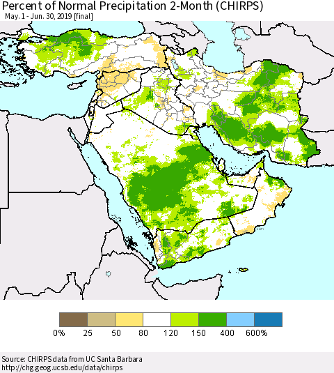 Middle East and Turkey Percent of Normal Precipitation 2-Month (CHIRPS) Thematic Map For 5/1/2019 - 6/30/2019