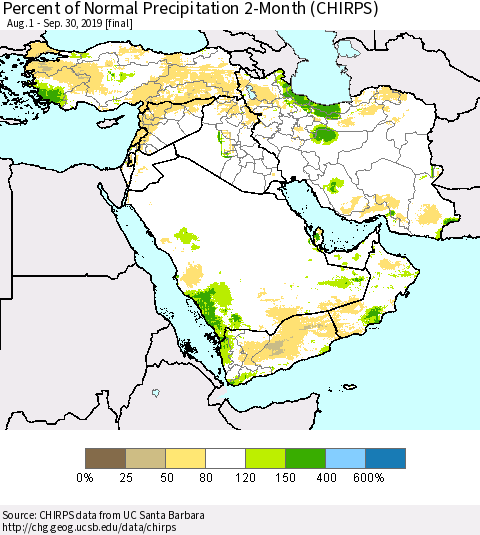 Middle East and Turkey Percent of Normal Precipitation 2-Month (CHIRPS) Thematic Map For 8/1/2019 - 9/30/2019
