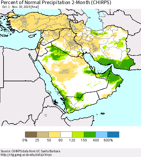 Middle East and Turkey Percent of Normal Precipitation 2-Month (CHIRPS) Thematic Map For 10/1/2019 - 11/30/2019