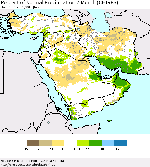 Middle East and Turkey Percent of Normal Precipitation 2-Month (CHIRPS) Thematic Map For 11/1/2019 - 12/31/2019